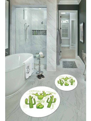 Napoli Home Dijital Baskılı Kaymaz Yıkanabilir Kaktüs Yuvarlak Ikili Banyo Takımı, N-Y-Klozet-23-Beyaz,