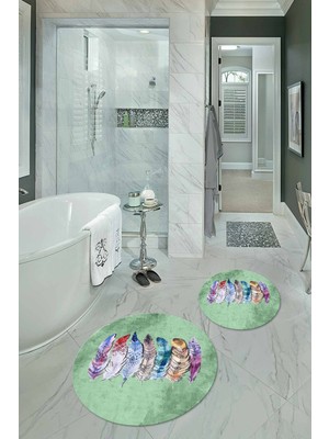 Napoli Home Dijital Baskılı Kaymaz Yıkanabilir Yaprak Yuvarlak Ikili Banyo Takımı, N-Y-Klozet-25-Yeşil,