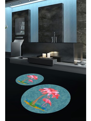 Napoli Home Dijital Baskılı Kaymaz Taban Yıkanabilir Yuvarlak Ikili Banyo Takımı, N-Y-Klozet-30-Mavi,