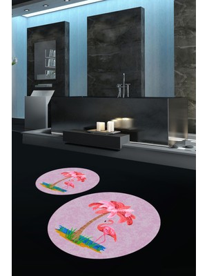 Napoli Home Dijital Baskılı Kaymaz Taban Yıkanabilir Yuvarlak Ikili Banyo Takımı, N-Y-Klozet-30-Pembe,