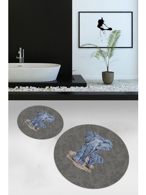 Napoli Home Dijital Baskılı Kaymaz Yıkanabilir Fil Desen Yuvarlak Ikili Banyo Takımı, N-Y-Klozet-33-Gri,