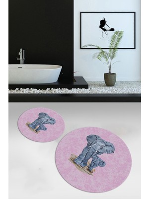 Napoli Home Dijital Baskılı Kaymaz Yıkanabilir Fil Desen Yuvarlak Ikili Banyo Takımı, N-Y-Klozet-33-Pembe,