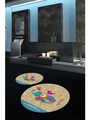 Napoli Home Dijital Baskılı Kaymaz Yıkanabilir Fil Desen Yuvarlak Ikili Banyo Takımı, N-Y-Klozet-31-Kahve,