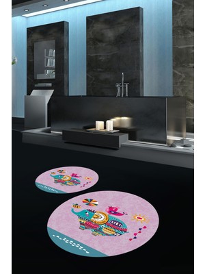 Napoli Home Dijital Baskılı Kaymaz Yıkanabilir Fil Desen Yuvarlak Ikili Banyo Takımı, N-Y-Klozet-31-Pembe,