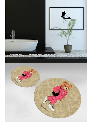 Napoli Home Dijital Baskılı Kaymaz Taban Yıkanabilir Yuvarlak Ikili Banyo Takımı, N-Y-Klozet-34-Kahve,