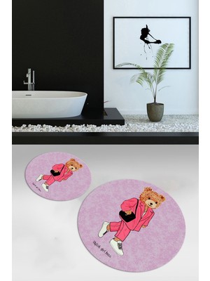 Napoli Home Dijital Baskılı Kaymaz Taban Yıkanabilir Yuvarlak Ikili Banyo Takımı, N-Y-Klozet-34-Pembe,