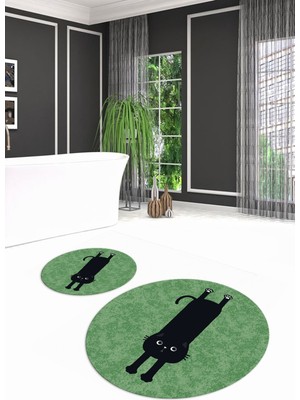 Napoli Home Dijital Baskılı Kaymaz Yıkanabilir Kedi Desen Yuvarlak Ikili Banyo Takımı, N-Y-Klozet-39-Yeşil,