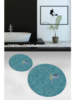 Napoli Home Dijital Baskılı Kaymaz Yıkanabilir Kuş Desen Yuvarlak Ikili Banyo Takımı, N-Y-Klozet-36-Mavi,