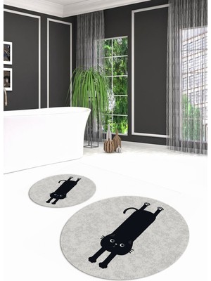 Napoli Home Dijital Baskılı Kaymaz Yıkanabilir Kedi Desen Yuvarlak Ikili Banyo Takımı, N-Y-Klozet-39-Gri,