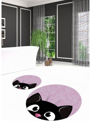 Napoli Home Dijital Baskılı Kaymaz Yıkanabilir Kedi Desen Yuvarlak Ikili Banyo Takımı, N-Y-Klozet-40-Pembe,
