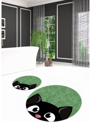 Napoli Home Dijital Baskılı Kaymaz Yıkanabilir Kedi Desen Yuvarlak Ikili Banyo Takımı, N-Y-Klozet-40-Yeşil,