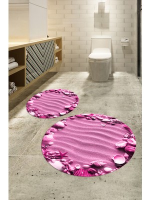 Napoli Home 3D Dijital Baskılı Kaymaz Taban Yıkanabilir Yuvarlak Ikili Banyo Takımı, N-Y-Klozet-47-Pembe,