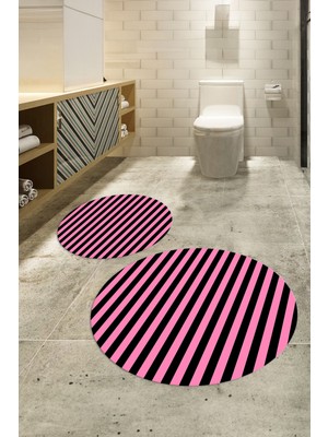 Napoli Home Dijital Baskılı Kaymaz Taban Yıkanabilir Yuvarlak Ikili Banyo Takımı, N-Y-Klozet-50-Pembe,