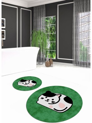 Napoli Home Dijital Baskılı Kaymaz Yıkanabilir Kedi Desen Yuvarlak Ikili Banyo Takımı, N-Y-Klozet-43-Yeşil,