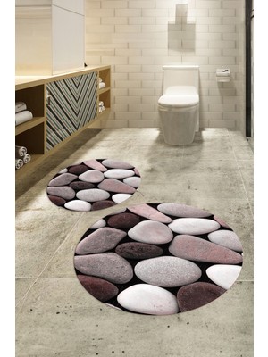 Napoli Home 3D Dijital Baskılı Kaymaz Taban Yıkanabilir Yuvarlak Ikili Banyo Takımı, N-Y-Klozet-46-Pembe,