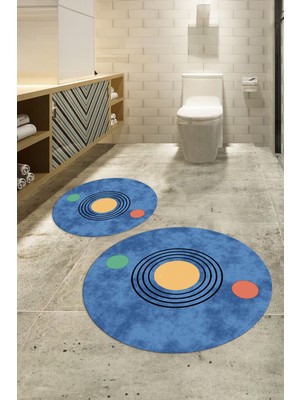 Napoli Home Dijital Baskılı Kaymaz Taban Yıkanabilir Yuvarlak Ikili Banyo Takımı, N-Y-Klozet-49-Mavi,