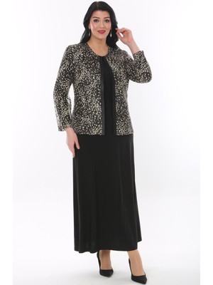 Ladies First Büyük Beden 3825 Siyah-Altın Ceket+Elbise Takım
