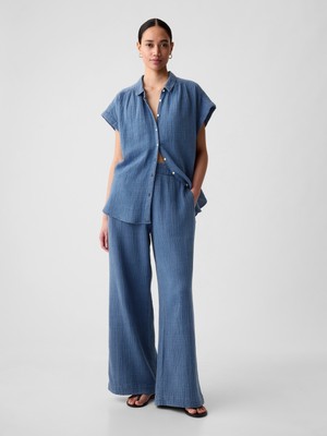 Gap Kadın Mavi High Rise Crinkle Gauze Wide-Leg Pantolon