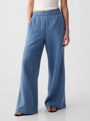 Gap Kadın Mavi High Rise Crinkle Gauze Wide-Leg Pantolon