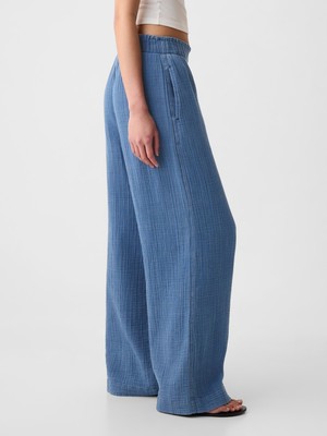 Gap Kadın Mavi High Rise Crinkle Gauze Wide-Leg Pantolon