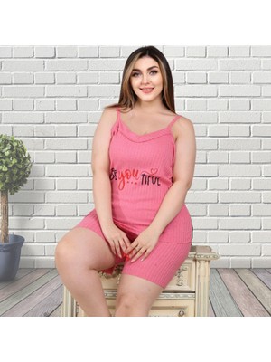 Gülfirik Tasarım Koyu Pembe Renkli Büyük Beden Fitilli Kısa Şortlu %100 Pamuklu Kadın Yazlık Pijama Takımı