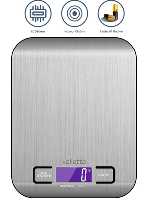 Valletta Okavango Pil Hediyeli Mutfak Terazisi Dijital Tartı Hassas Lcd Ekranlı 5 Kg
