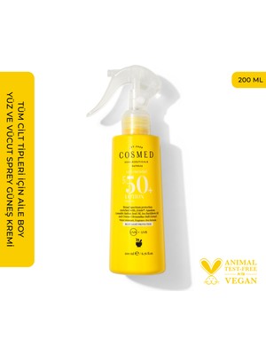 Cosmed Tüm Cilt Tipleri için Aile Boy Yüz ve Vücut Sprey Güneş Kremi /SUN ESSENTIAL LOTION  SPF50+  200 ml
