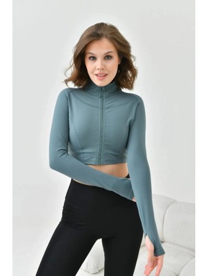Emny Kadın Crop Spor Ceket Yeşil Renk Ultra Esnek Poliamit Kumaş Güneş Koruma Özellikli