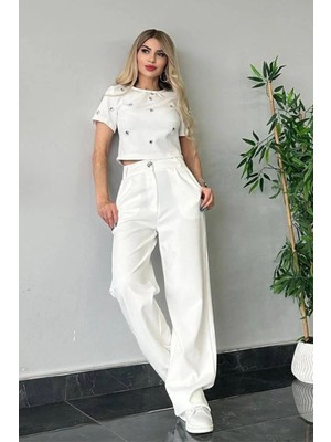 Tane Tasarım Kadın Taşlı Tshirt Palazzo Bol Paça Pantolon Takım