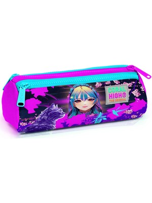 Coral High Kids Mor Pembe Anime Kedi Desenli Üç Bölmeli Kalem Çantası 22053