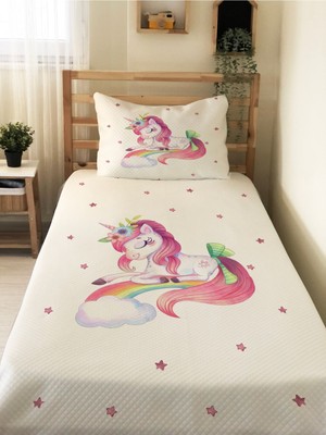 Evmila Gökkuşağı ve Unicorn Desenli Bebek ve Çocuk Baskılı Tek Kişilik Pike Takımı 160X230 Beyaz