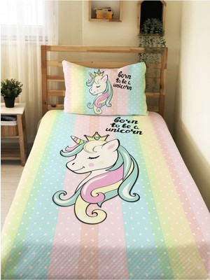 Evmila Unicorn Desenli Bebek ve Çocuk Baskılı Tek Kişilik Pike Takımı 160X230 Renkli