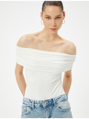 Koton Omzu Açık Tişört Drape Detaylı Slim Fit Viskoz Kumaş