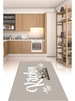 Napoli Home Dijital Baskılı Kaymaz Taban Yıkanabilir Kitchen Yazılı Mutfak Halısı, N-Mutfak-41-Gri-Beyaz,