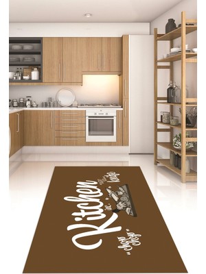 Napoli Home Dijital Baskılı Kaymaz Taban Yıkanabilir Kitchen Yazılı Mutfak Halısı, N-Mutfak-41-Kahve-Beyaz,