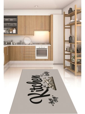 Napoli Home Dijital Baskılı Kaymaz Taban Yıkanabilir Kitchen Yazılı Mutfak Halısı, N-Mutfak-41-Gri-Siyah,