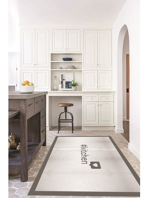 Napoli Home Dijital Baskılı Kaymaz Taban Yıkanabilir Kitchen Yazılı Mutfak Halısı, N-Mutfak-02-Gri,