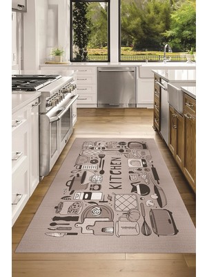 Napoli Home Dijital Baskılı Kaymaz Taban Yıkanabilir Renkli Modern Mutfak Halısı, N-Mutfak-17-Vizon,