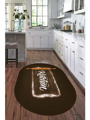 Napoli Home Dijital Baskılı Kaymaz Yıkanabilir Kitchen Yazılı Oval Mutfak Halısı, N-O-Mutfak-28-Kahve,