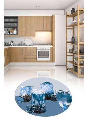 Napoli Home 3D Dijital Baskılı Kaymaz Yıkanabilir Renkli Modern Yuvarlak Mutfak Halısı, N-Y-Mutfak-37-Mavi,