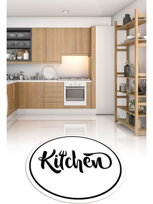 Napoli Home Dijital Baskılı Kaymaz Yıkanabilir Kitchen Yazılı Yuvarlak Mutfak Halısı, N-Y-Mutfak-42-Beyaz,