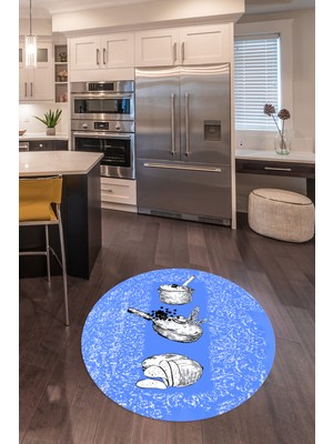 Napoli Home 3D Dijital Baskılı Kaymaz Yıkanabilir Renkli Modern Yuvarlak Mutfak Halısı, N-Y-Mutfak-45-Mavi,