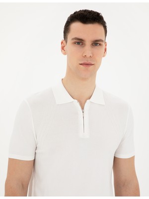 Pierre Cardin Erkek Beyaz Slim Fit Fermuarlı Polo Yaka Triko Tişört 50286085-VR013