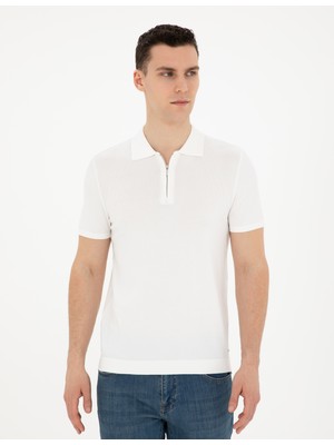 Pierre Cardin Erkek Beyaz Slim Fit Fermuarlı Polo Yaka Triko Tişört 50286085-VR013