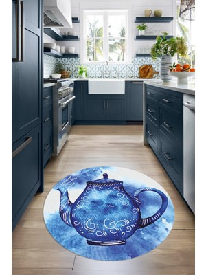 Napoli Home Dijital Baskılı Kaymaz Yıkanabilir Renkli Modern Yuvarlak Mutfak Halısı, N-Y-Mutfak-23-Mavi,