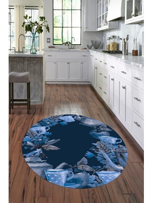 Napoli Home 3D Dijital Baskılı Kaymaz Yıkanabilir Renkli Modern Yuvarlak Mutfak Halısı, N-Y-Mutfak-25-Mavi,