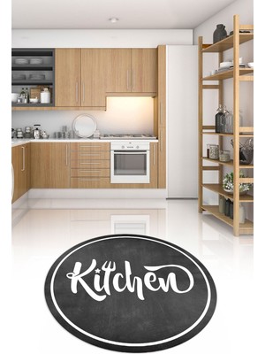 Napoli Home Dijital Baskılı Kaymaz Yıkanabilir Kitchen Yazılı Yuvarlak Mutfak Halısı, N-Y-Mutfak-42-Antrasit,