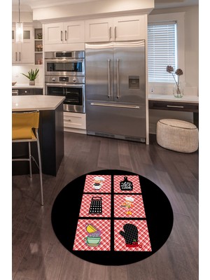 Napoli Home Dijital Baskılı Kaymaz Yıkanabilir Renkli Modern Yuvarlak Mutfak Halısı, N-Y-Mutfak-43-Siyah,