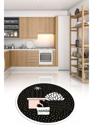 Napoli Home Dijital Baskılı Kaymaz Yıkanabilir Renkli Modern Yuvarlak Mutfak Halısı, N-Y-Mutfak-38-Siyah,