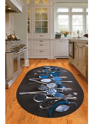 Napoli Home 3D Dijital Baskılı Kaymaz Yıkanabilir Renkli Modern Oval Mutfak Halısı, N-O-Mutfak-33-Mavi,
